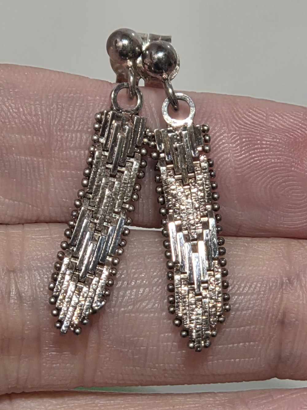 Sterling Silver Textured Drop Earrings - Silver